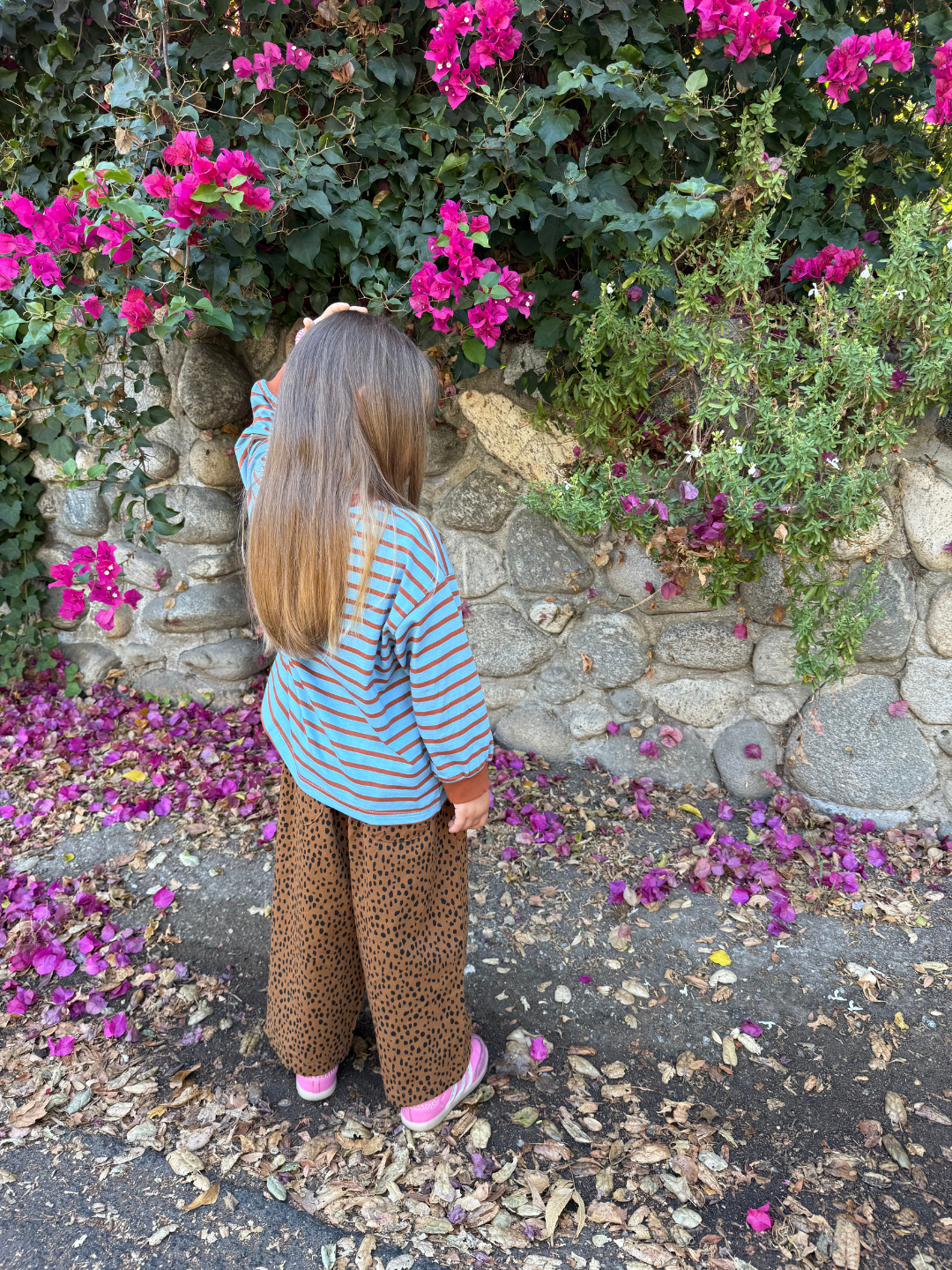 Child wearing a blue and brown striped shirt and brown leopard print pants, standing near pink flowering bushes on a sunny day.