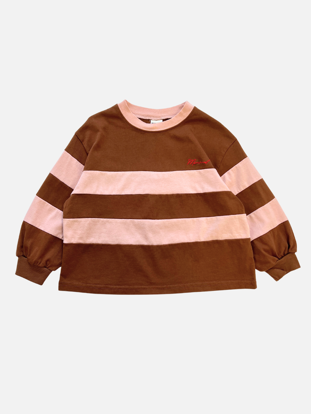 Terracotta | The RINGER LONGSLEEVE by Minimal is a boxy, relaxed-fit tee in terracotta with wide horizontal stripes, gathered cuffs, and medium-weight cotton for comfort and style.