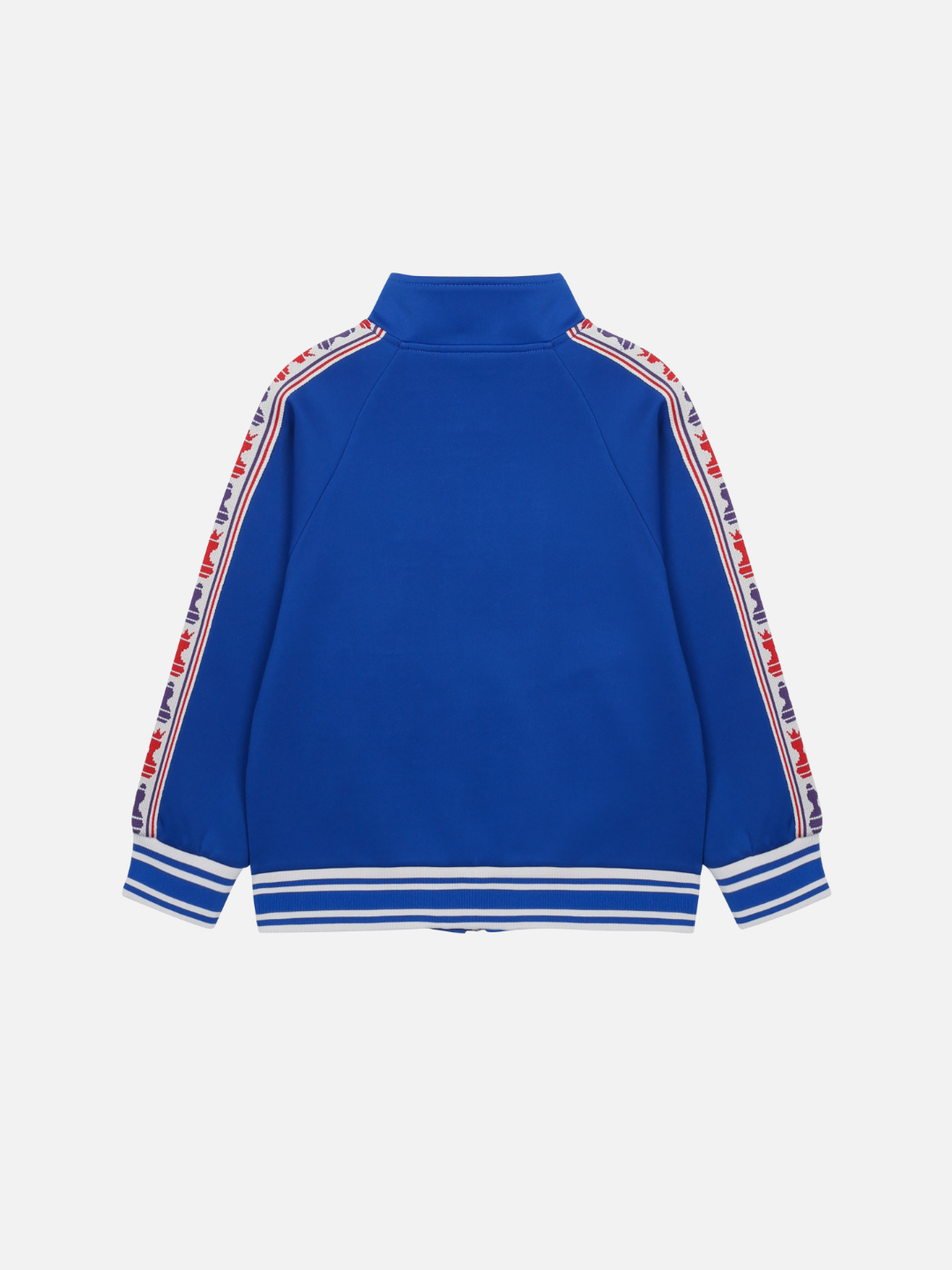 The CHESS TRACK JACKET features blue fabric with white, red, and blue striped trim on the shoulders and sleeves, plus white stripes on the cuffs and waistband. Shown from the back.