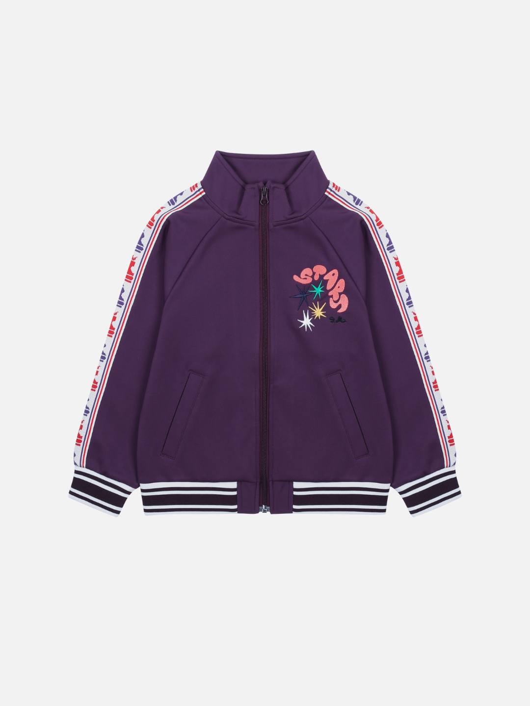 The CHESS TRACK JACKET is a purple zip-up with striped cuffs and hem, white and red side stripes, and a "Stars" graphic with stars on the left chest