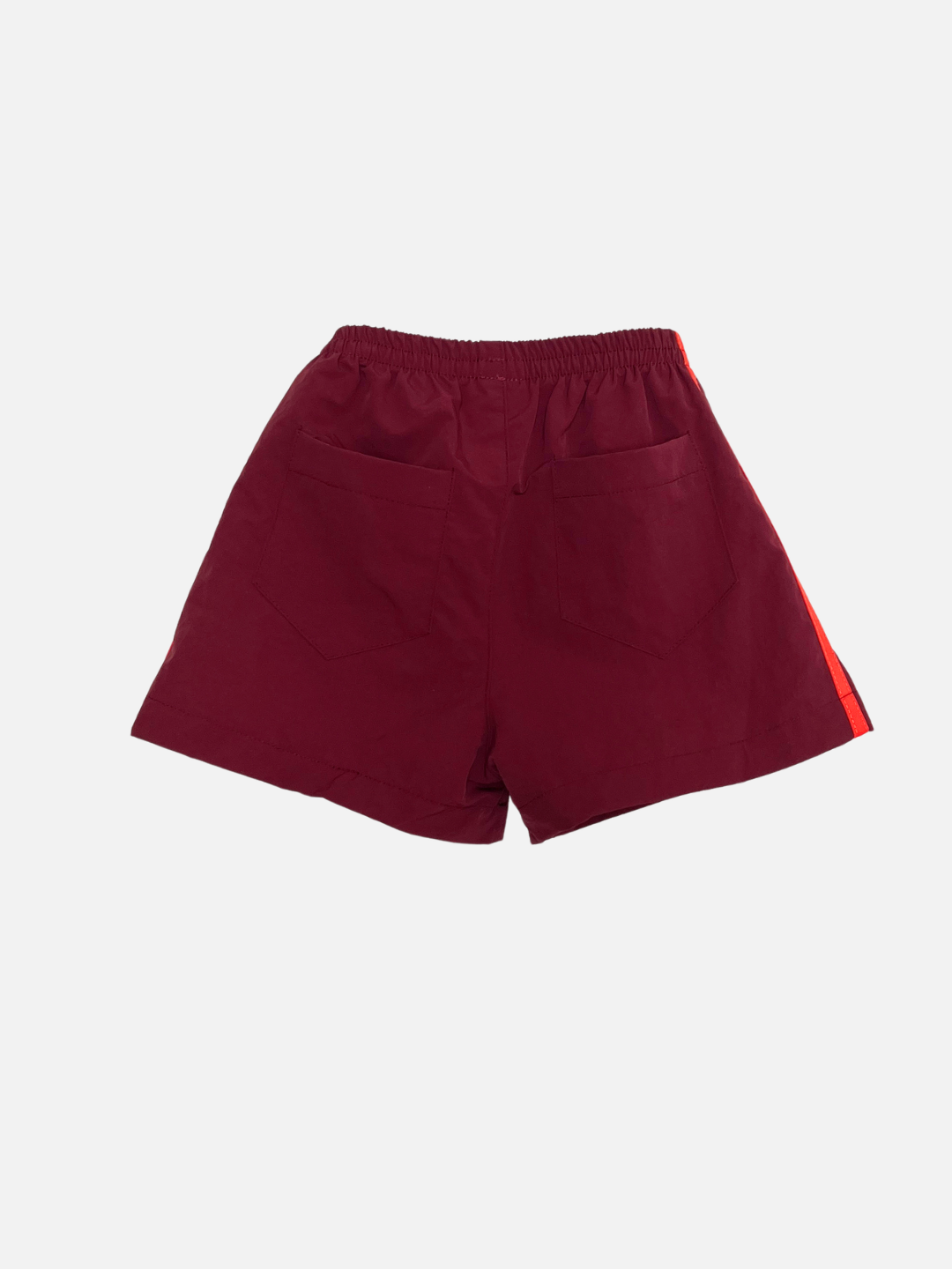 Burgundy | SPRINTER SHORTS in maroon, featuring an elastic waistband, two back pockets, and a red side stripe, shown on a white background.