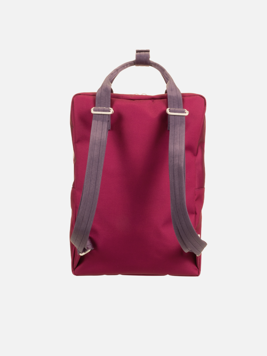 The LARGE BETTER TOGETHER ENVELOPE BACKPACK is shown from the back on a white background, featuring a red design with purple adjustable shoulder straps.