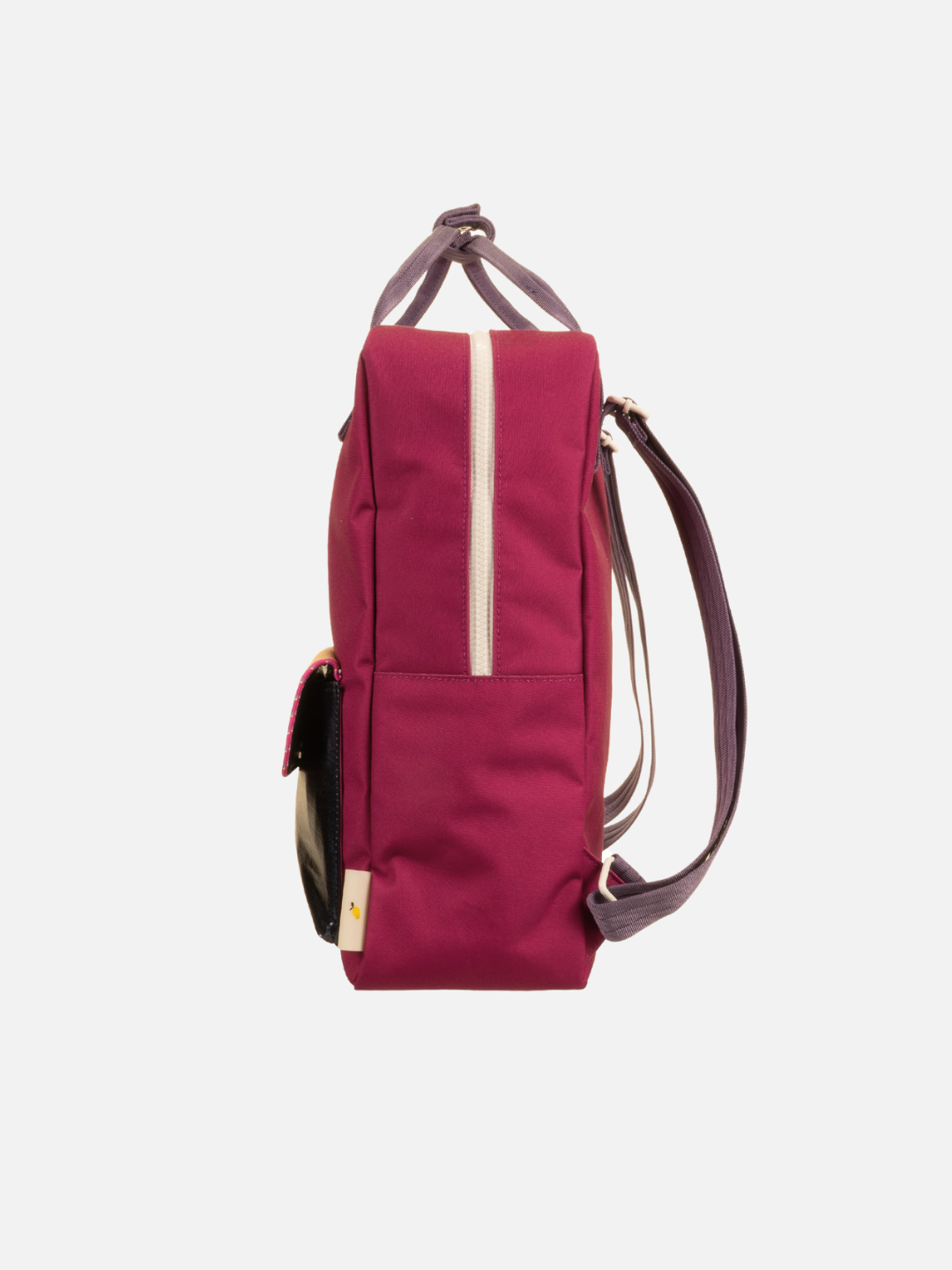 Side view of the LARGE BETTER TOGETHER ENVELOPE BACKPACK in magenta with a white zipper, purple straps, small front pocket with gold accent, and adjustable shoulder handles. Made from recycled PET for comfort and sustainability.