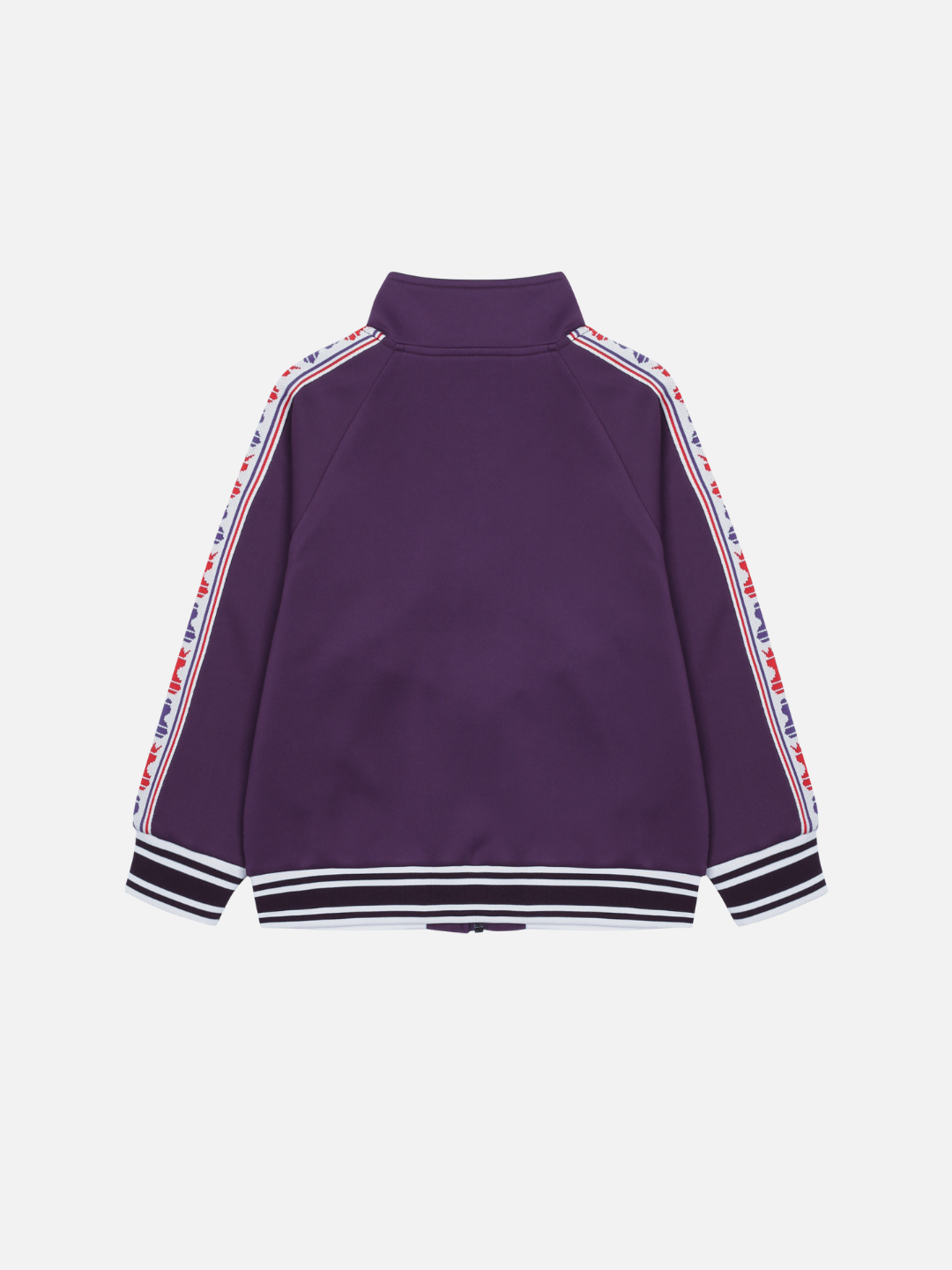 The CHESS TRACK JACKET is a purple track jacket featuring striped cuffs and hem, plus white, red, and blue logo tape along the sleeves