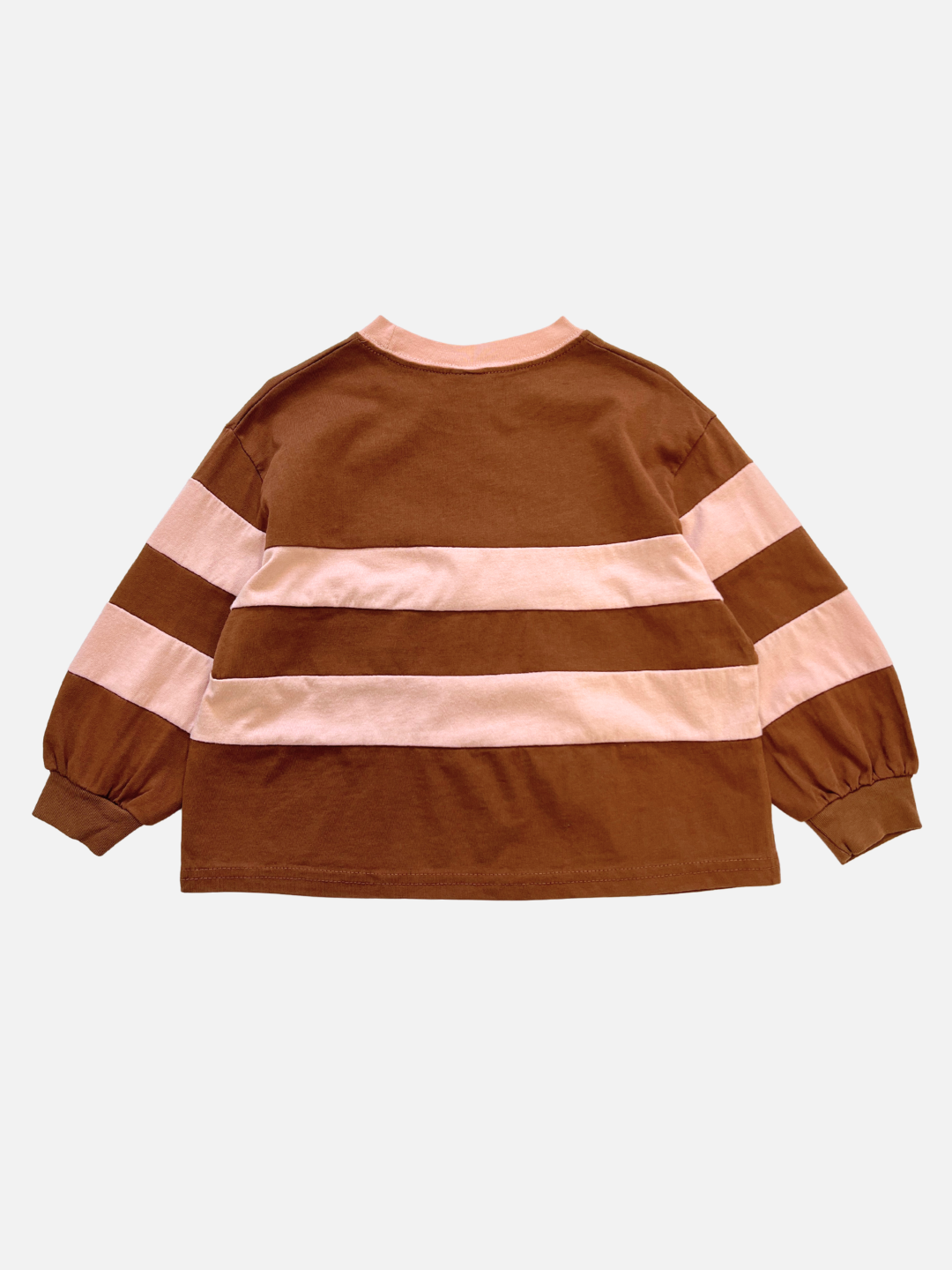 Terracotta | The RINGER LONGSLEEVE is a Minimal brand boxy tee with wide brown and light pink stripes, ribbed cuffs, and a round neckline, crafted from medium-weight cotton shirt material. Shown flat on a white background.