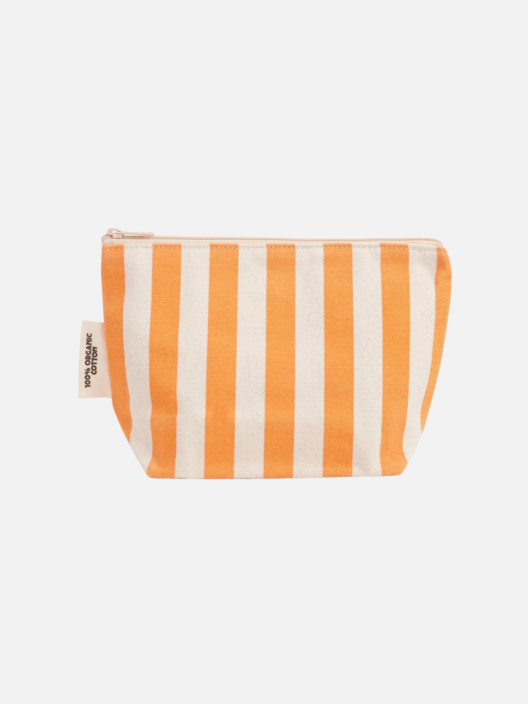 Orange | The ORGANIC COTTON ZIPPER BAG features durable organic cotton in orange with vertical white stripes, a side fabric tag, and a zip closure—ideal for organizing diaper bags. Shown on a white background.