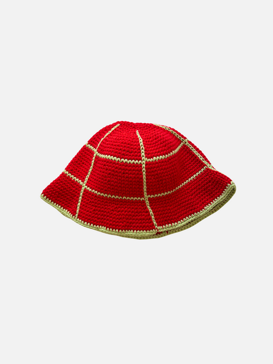 Image of HAND-CROCHETED GRID HAT - 7-10Y in Red + Green