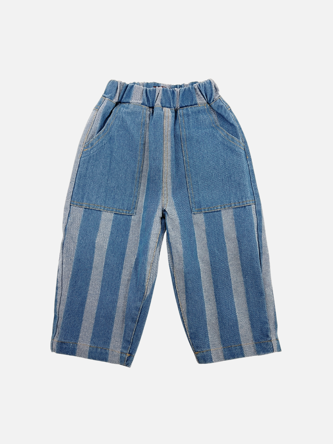 Medium Wash | The STRIPE DOUBLE TROUBLE JEANS, in a medium wash, boast an elasticated waistband, two front pockets, and a relaxed fit for the ultimate comfort.