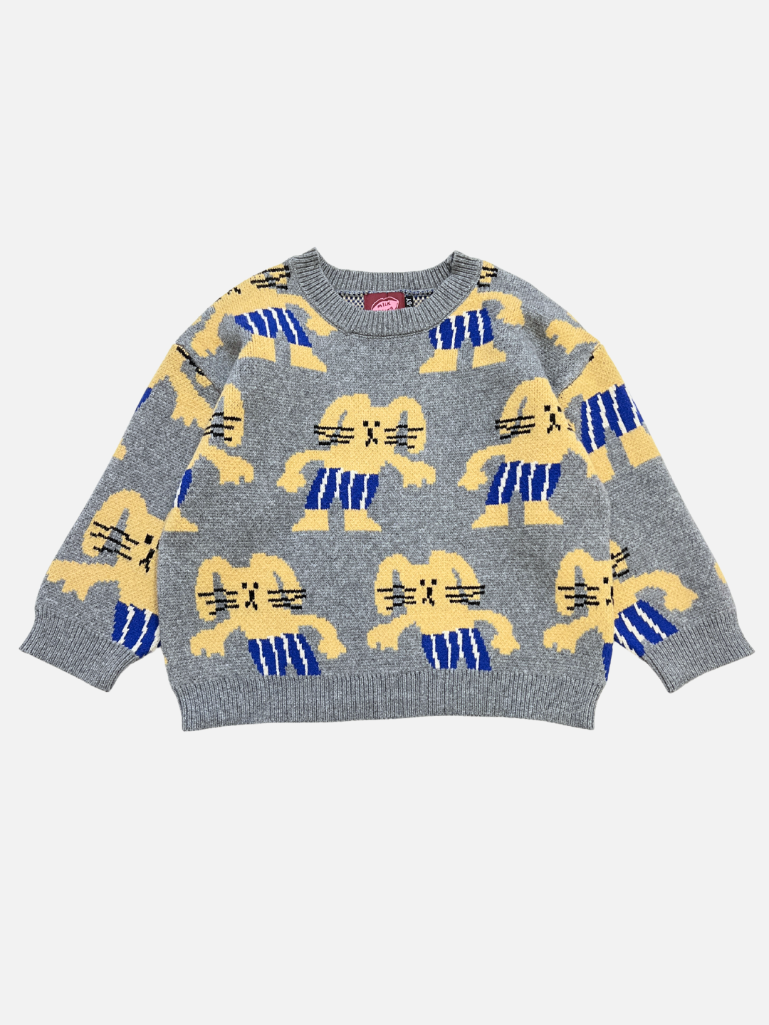 Gray | The MAX SWEATER is a gray knit featuring a repeating pattern of yellow cartoon bunnies in blue striped pants.
