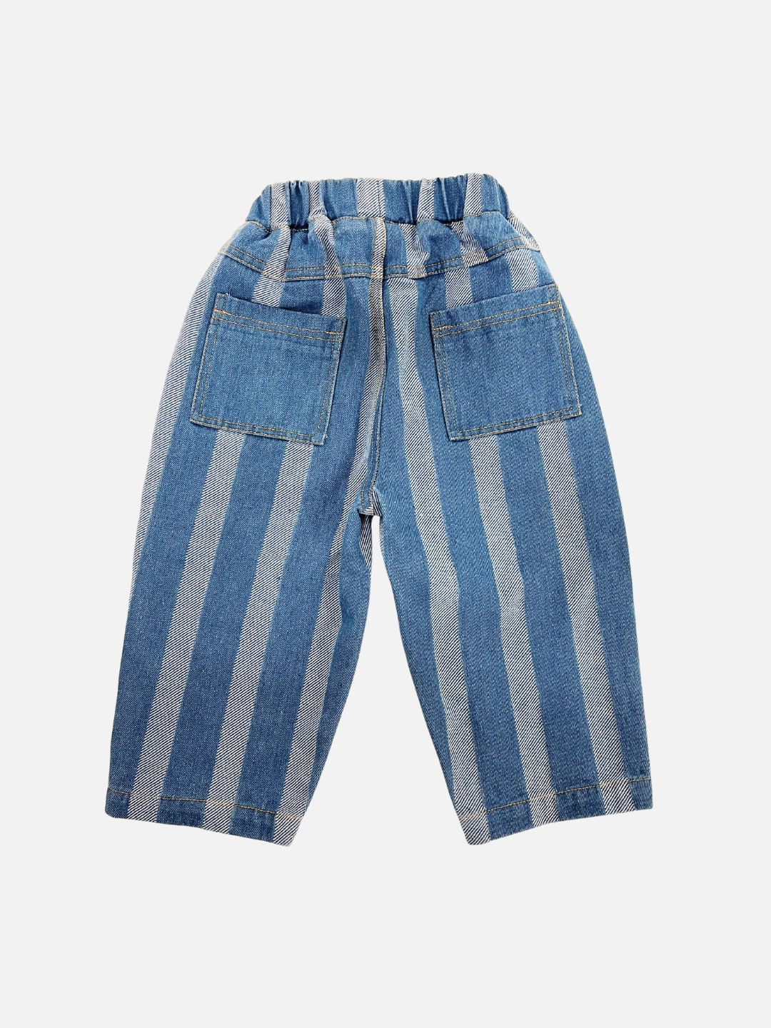 Medium Wash | The STRIPE DOUBLE TROUBLE JEANS are children's pants made from blue and white striped cotton denim, featuring an elasticated waistband and two back pockets, displayed on a plain background.