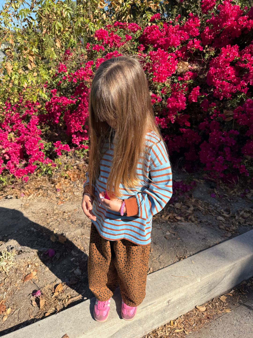 Child wearing a blue and brown striped shirt and brown leopard print pants, standing near pink flowering bushes on a sunny day.
