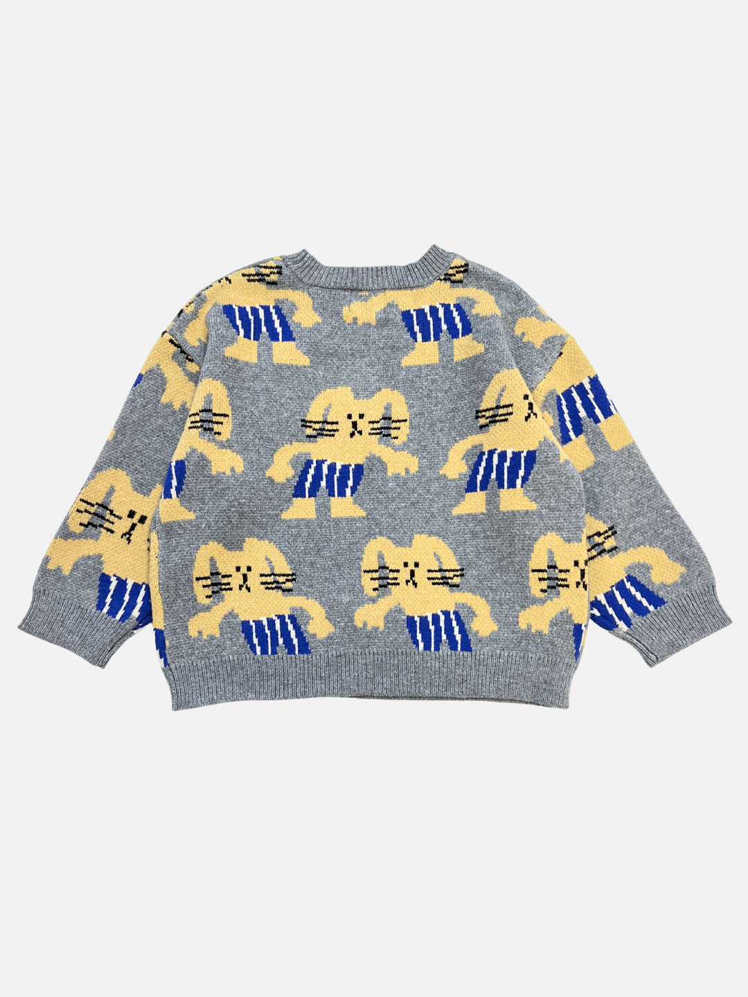Gray | The MAX SWEATER is a gray knit featuring a repeating pattern of yellow and blue cartoon-style bunnies dressed in striped clothing.