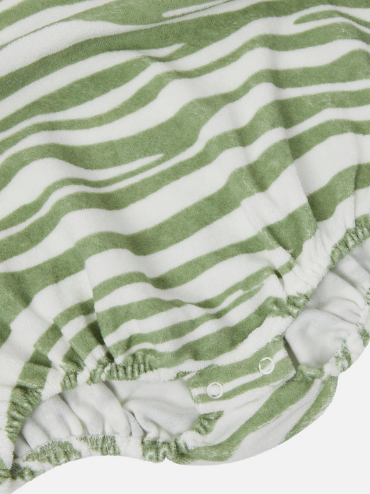 Second image of Tiger | Front view of the baby Terry bubble bodysuit in green Tiger print