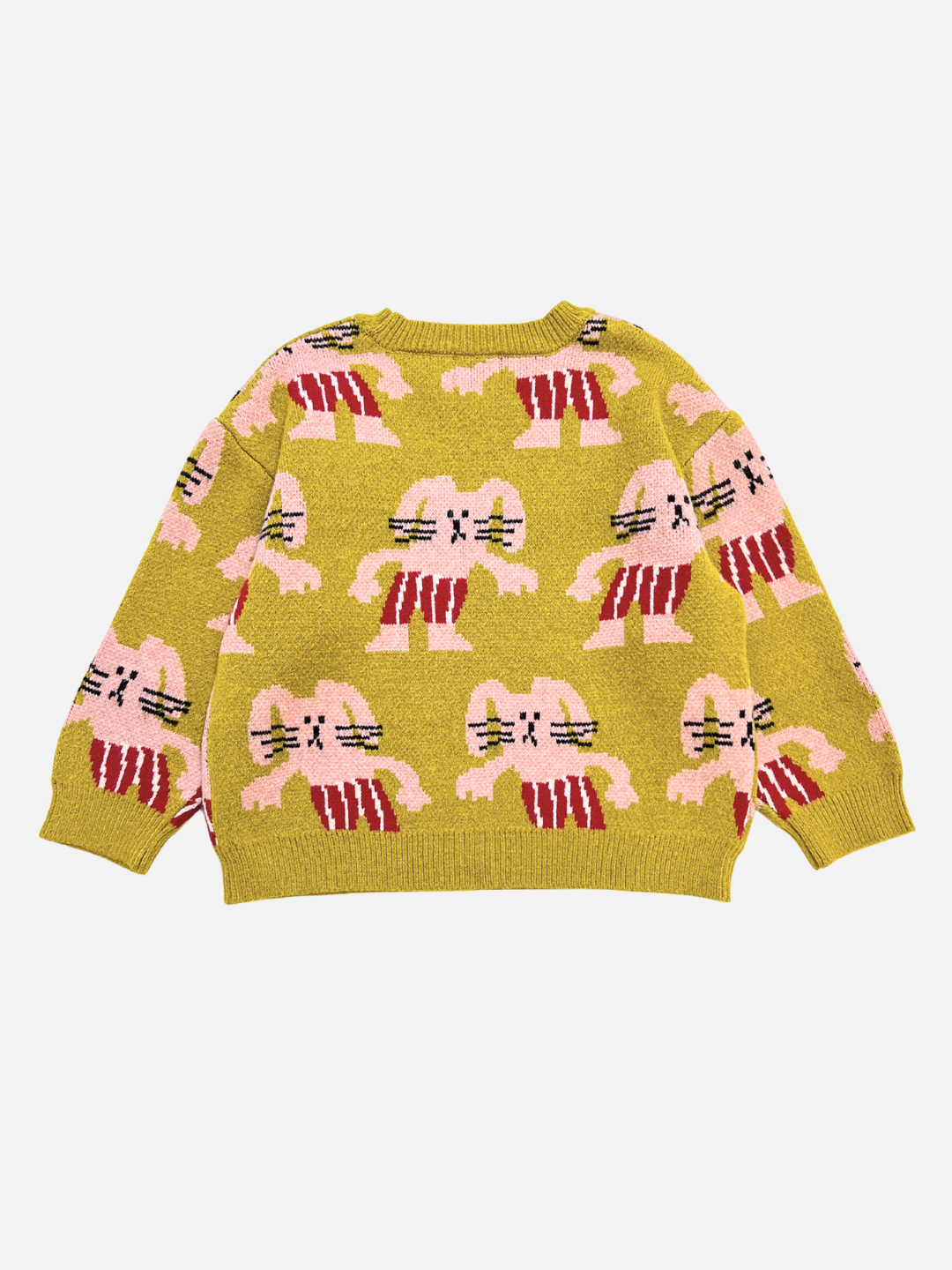 Chartreuse | The MAX SWEATER is a yellow-green sweater with a repeating pattern of pink cartoon rabbits and red stripes, shown flat on a white background.