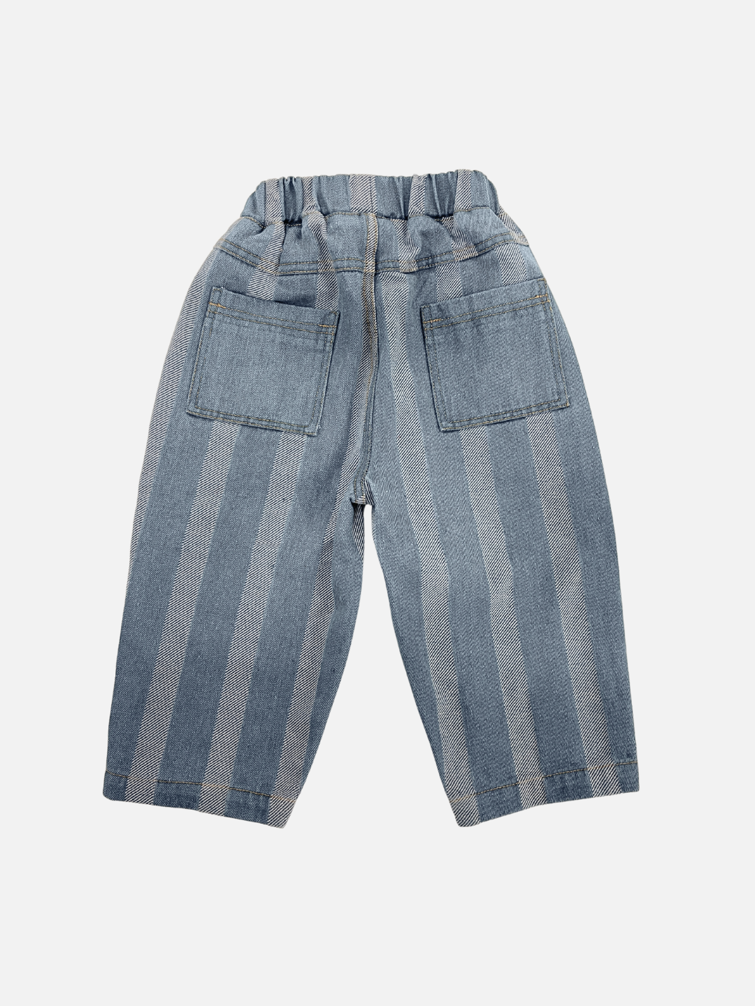 Light Wash | Back view of he STRIPE DOUBLE TROUBLE JEANS, featuring blue and gray vertical stripes, made from cotton denim with an elasticated waistband and include two back pockets. They are shown on a white background.