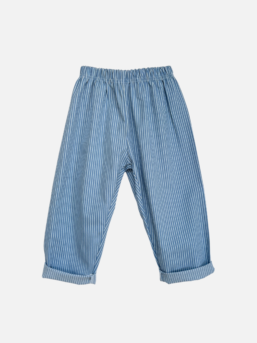 Sky | Front view of kids light blue pants with narrow white vertical stripes, cuffed at the ankle.