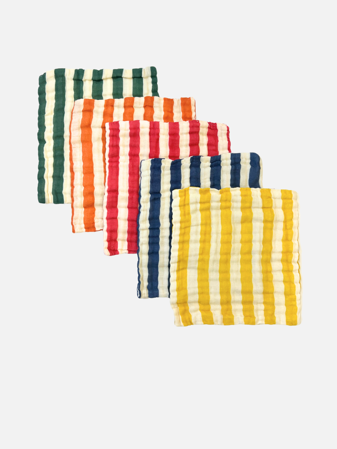 ORGANIC BABY WASH CLOTHS—set of five soft muslin cotton squares with a textured surface and vertical stripes in green, orange, red, blue, and yellow—are ideal for bath time. Shown overlapped on a plain white background.