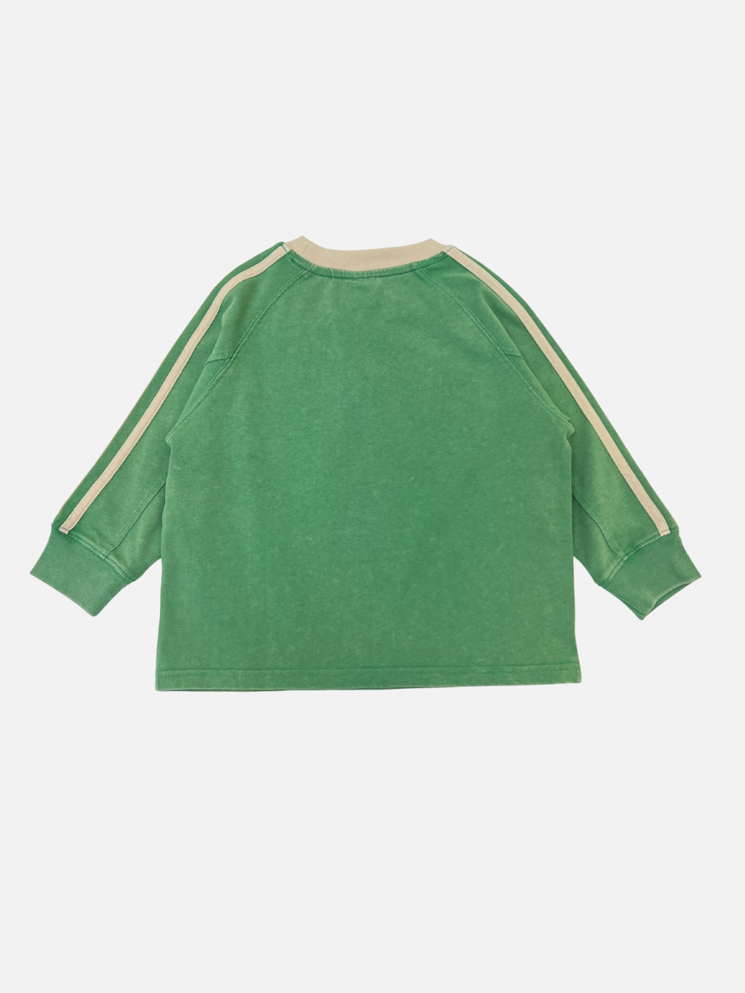 The HALFTIME LONGSLEEVE, a green tee with beige collar and sleeve stripes, is displayed flat with the back facing up for a vintage vibe.
