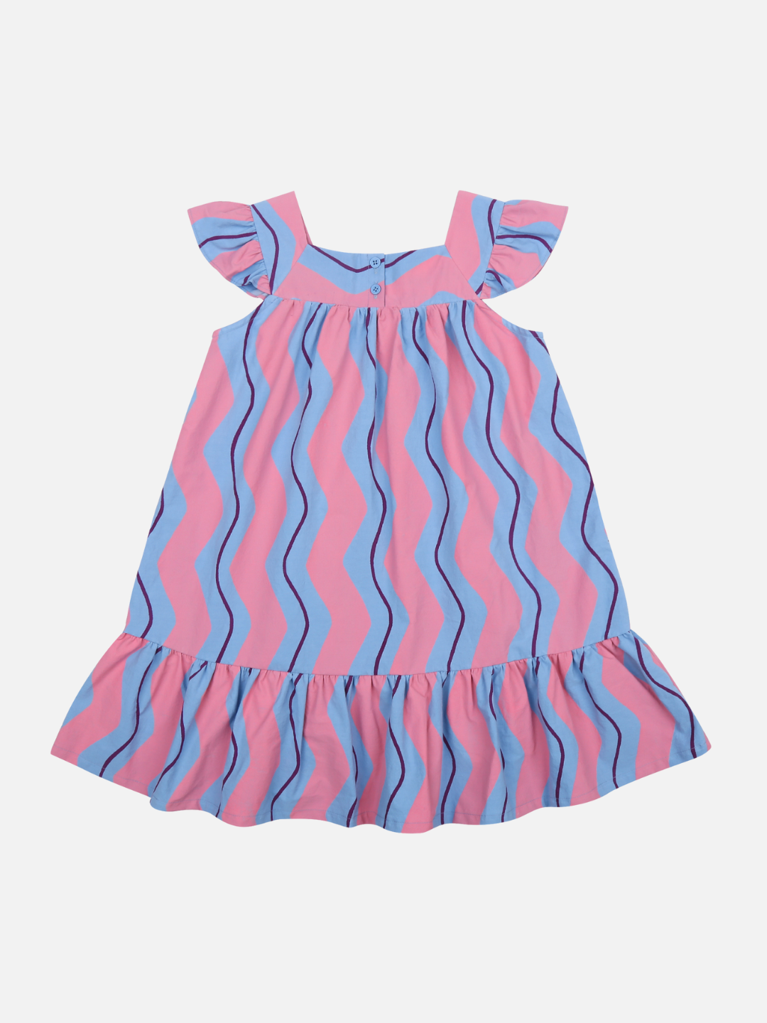 Back of Wave Stripe Dress. Wide pink vertical squiggly stripes and thin purple vertical squiggly stripes on a light blue background. Ruffled hem and ruffled cap sleeve. Buttons on collar.