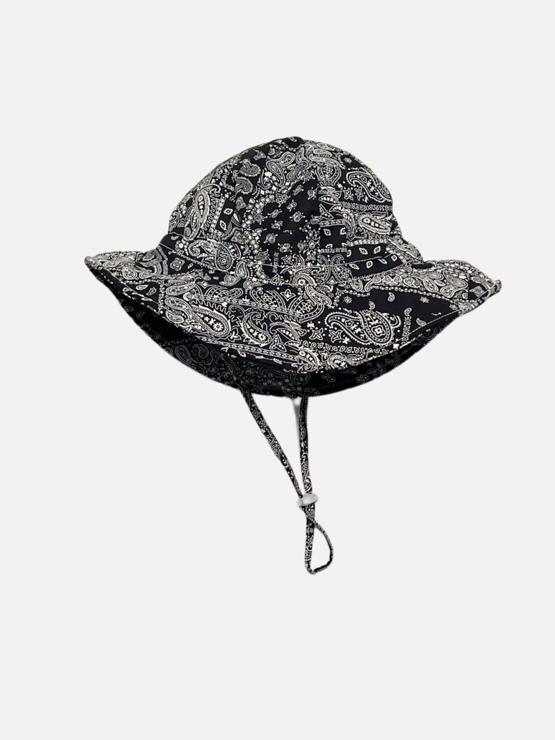 Blue | Paisley bandana patterned baby bucket hat in navy blue with a strap on a white background