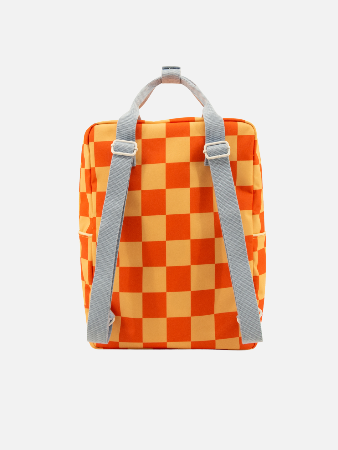 The LARGE FARMHOUSE CHECKERBOARD BACKPACK features an orange and yellow checkerboard pattern, light gray shoulder straps, and a waterproof lining made from recycled PET bottles, displayed against a white background.