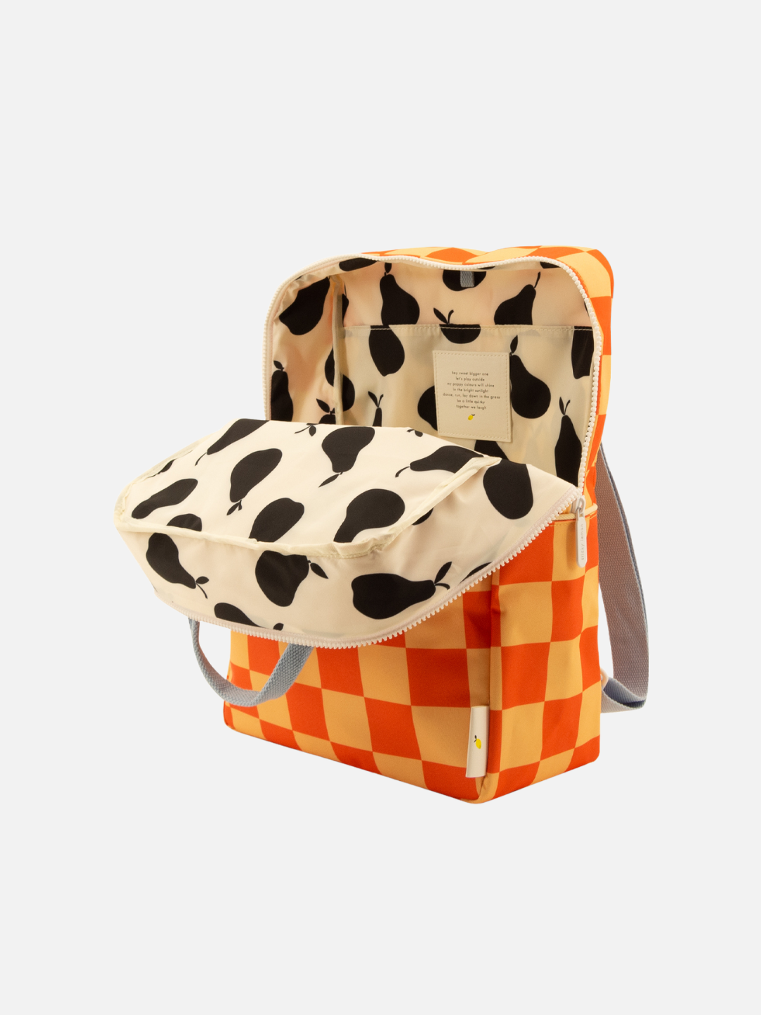 The LARGE FARMHOUSE CHECKERBOARD BACKPACK features orange and yellow checks, gray straps, a cream interior with black pear pattern, an inner label, and a waterproof lining made from recycled PET bottles.