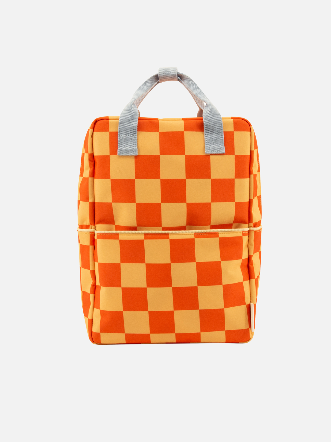 The LARGE FARMHOUSE CHECKERBOARD BACKPACK, shown against a white background, features an orange and light yellow checkered pattern, two gray handles, a front pocket, waterproof lining, and is made from recycled PET bottles.