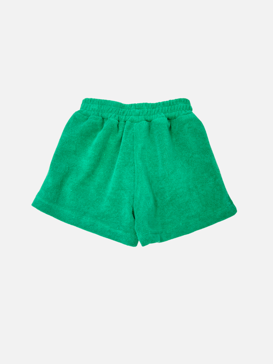 EVERYDAY TERRY SHORTS in green cotton terry, featuring an elasticated waist, shown on a white background.