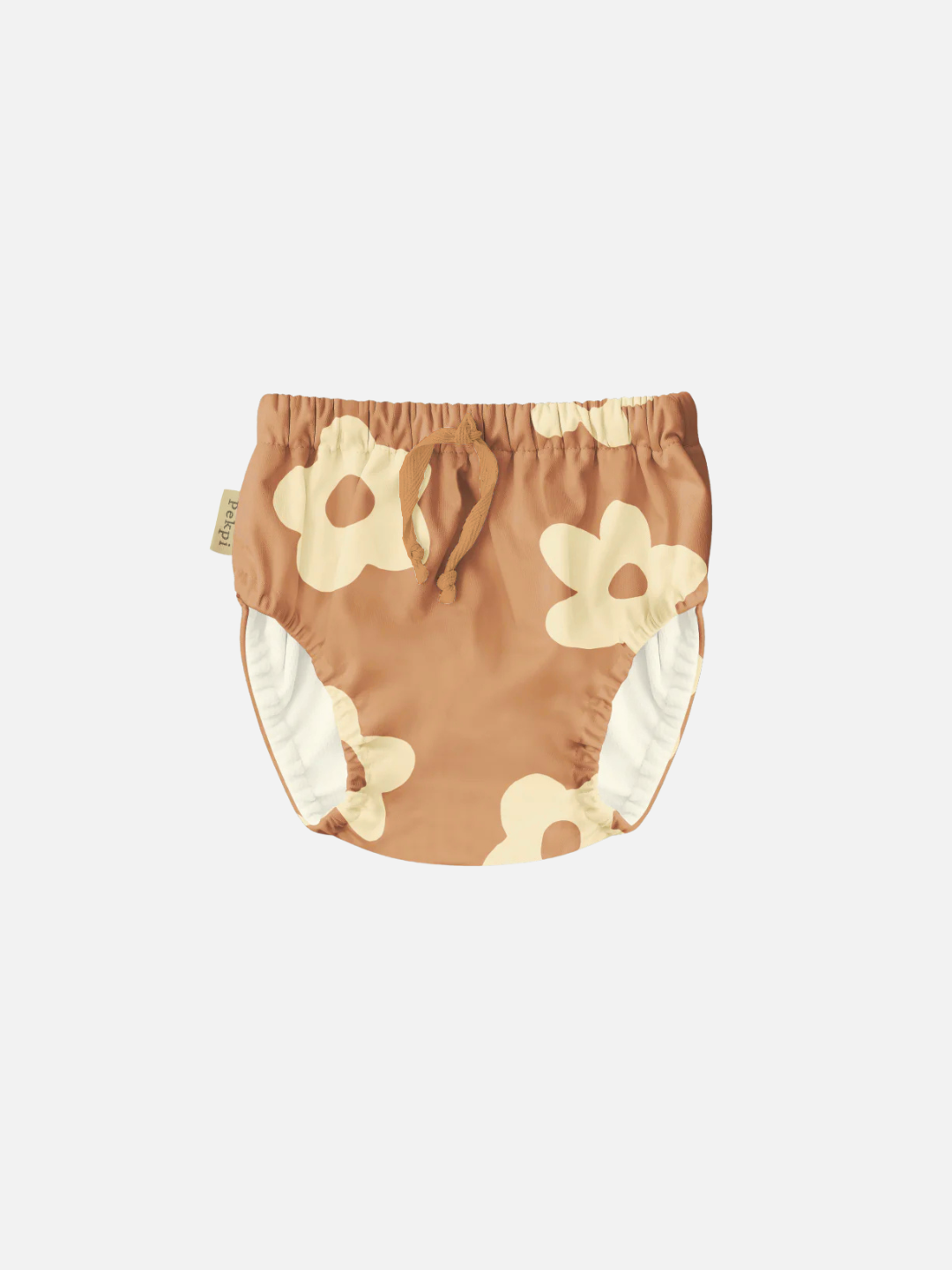 Posy | Posy-colored SWIM DIAPER made from buttery-soft recycled fabric, featuring a cream floral pattern on a white background for comfort and sustainability.