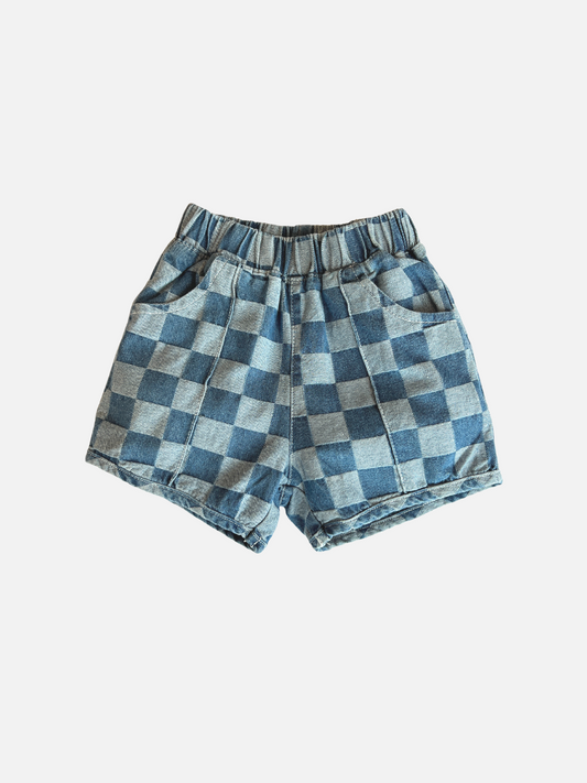 Image of Pair of kids' checkerboard shorts in two shades of blue, front view