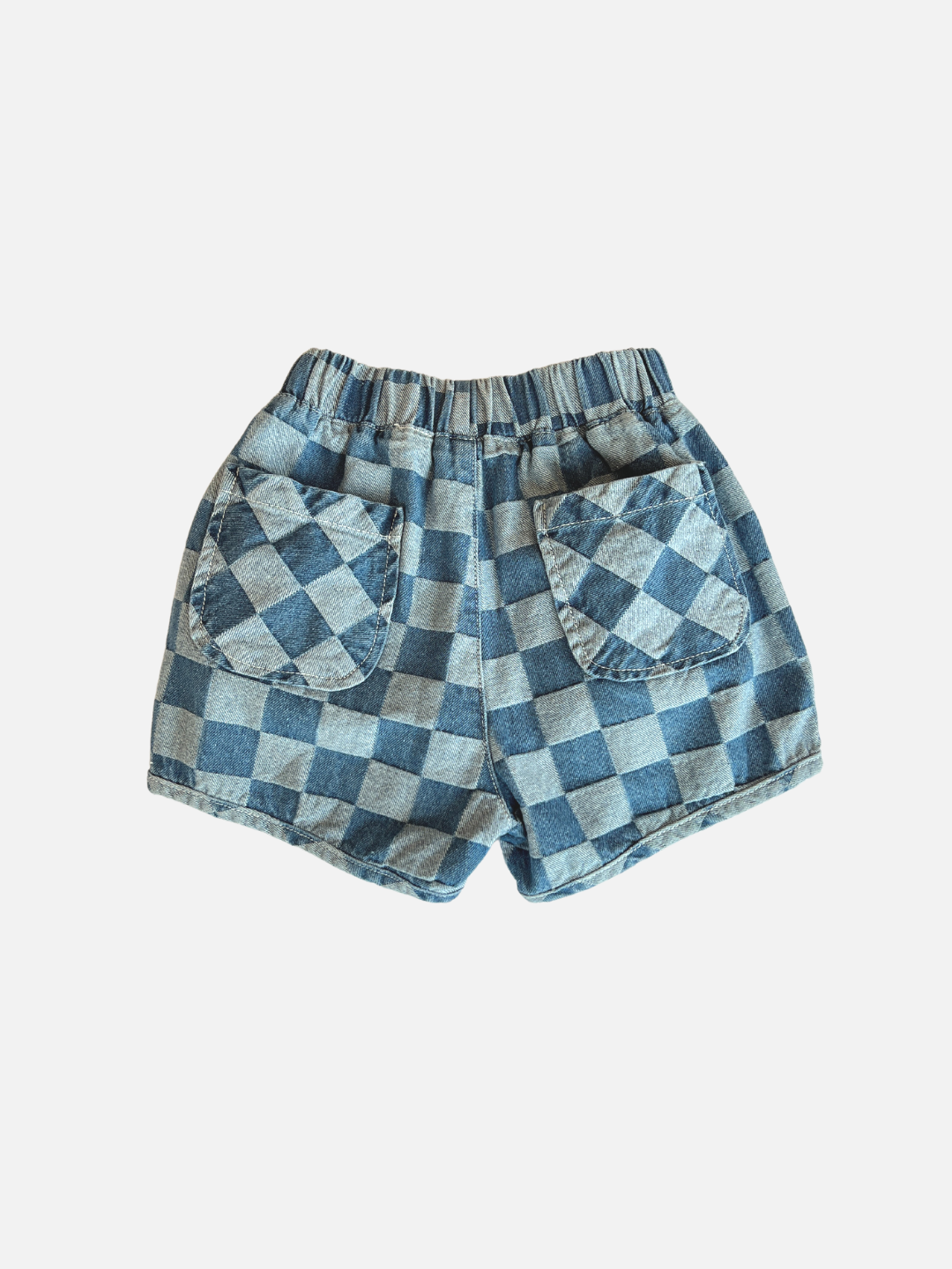 A pair of kids' checkerboard shorts in two shades of blue, back view showing pockets