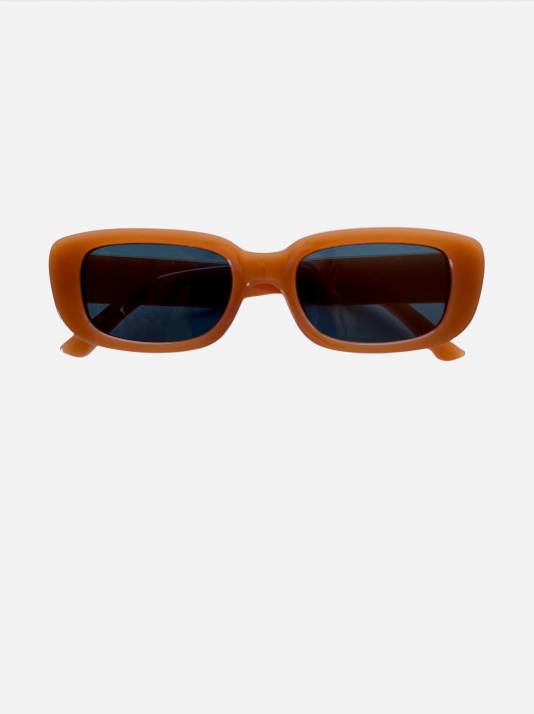 A pair of kids' sunglasses with orange frames and blue lenses