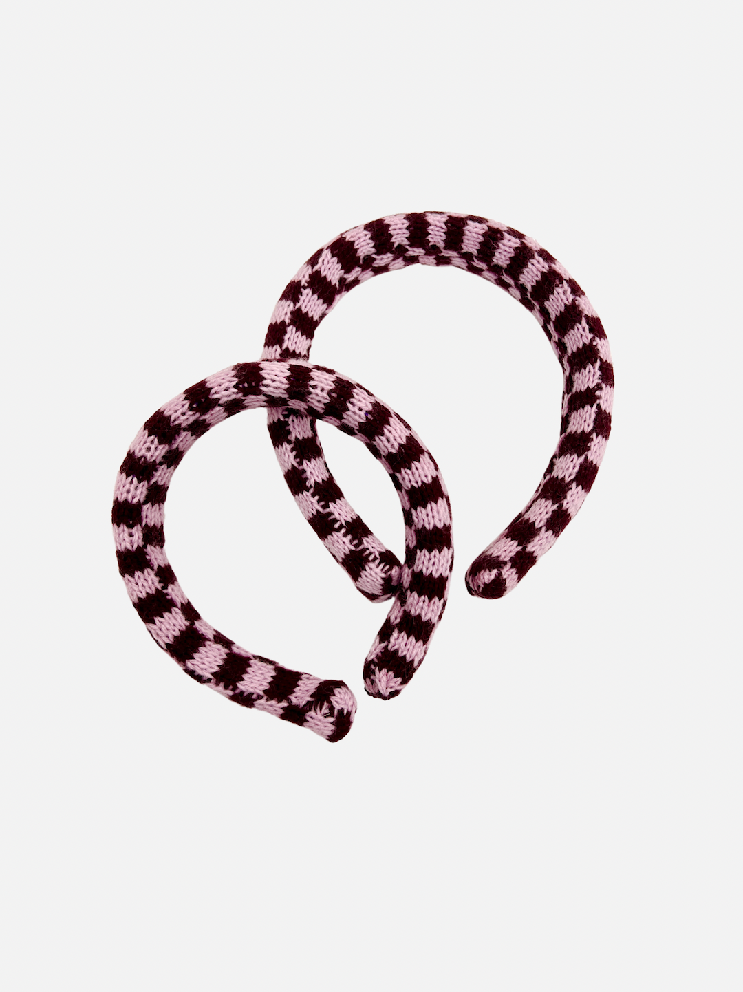 Burgundy/Lilac Checks | Two sizes of kids' knitted headband in a pink and dark red check