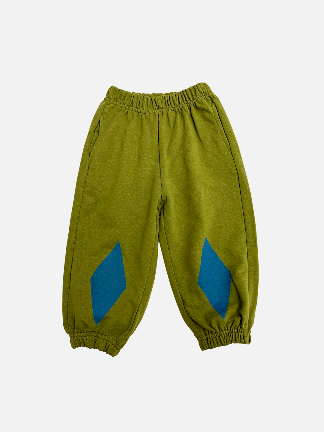 Green | A pair of kids' sweatpants in olive green with blue diamond patches at the knees