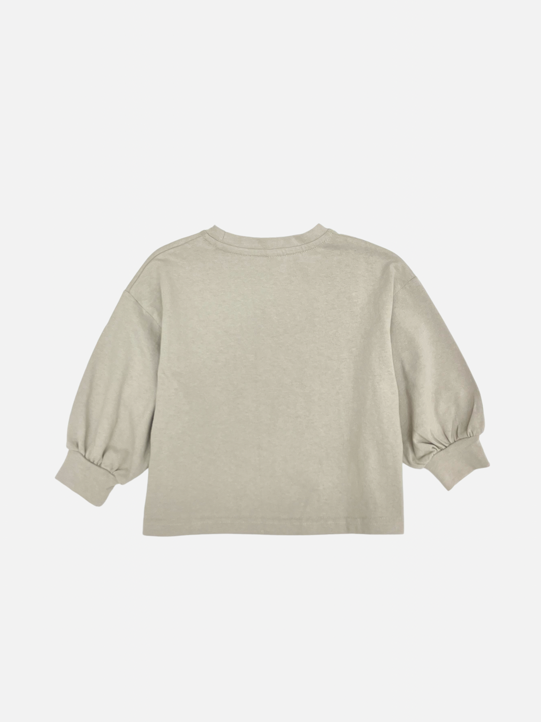 A kids' tee shirt in soft gray, sleeves gathered at the cuff, rear view
