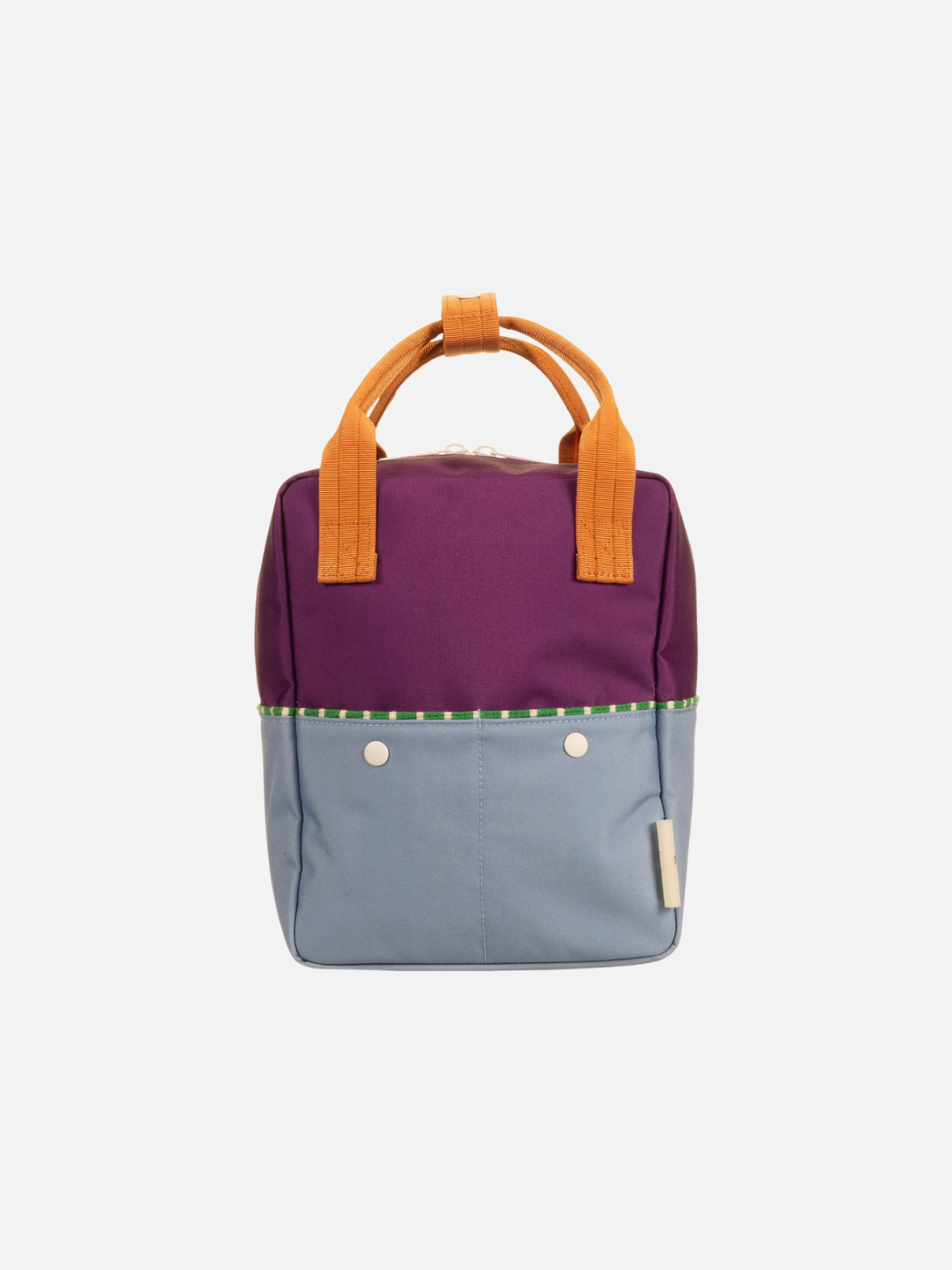 Purple Tights | Front view of the kids Small Better Together Colourblocking Backpack in Purple Tights. Orange handles, purple top and sky blue bottom with two cream buttons in the middle. 