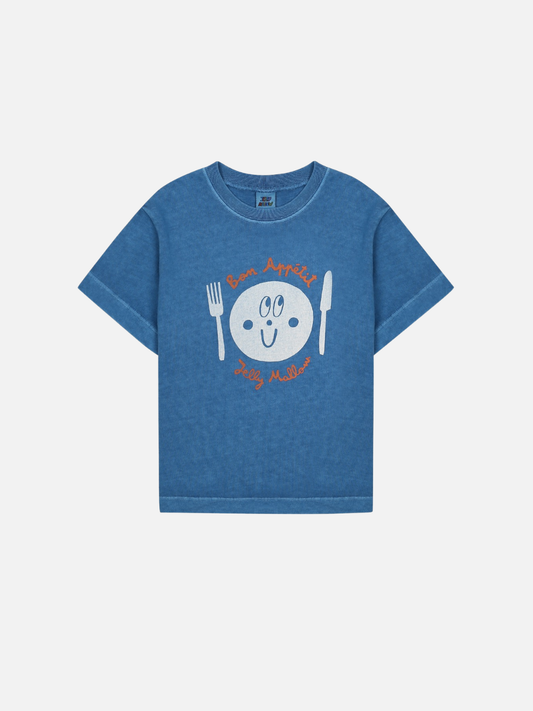 Image of Blue kids t-shirt with a smiley face plate design with knife and fork and text on a white background