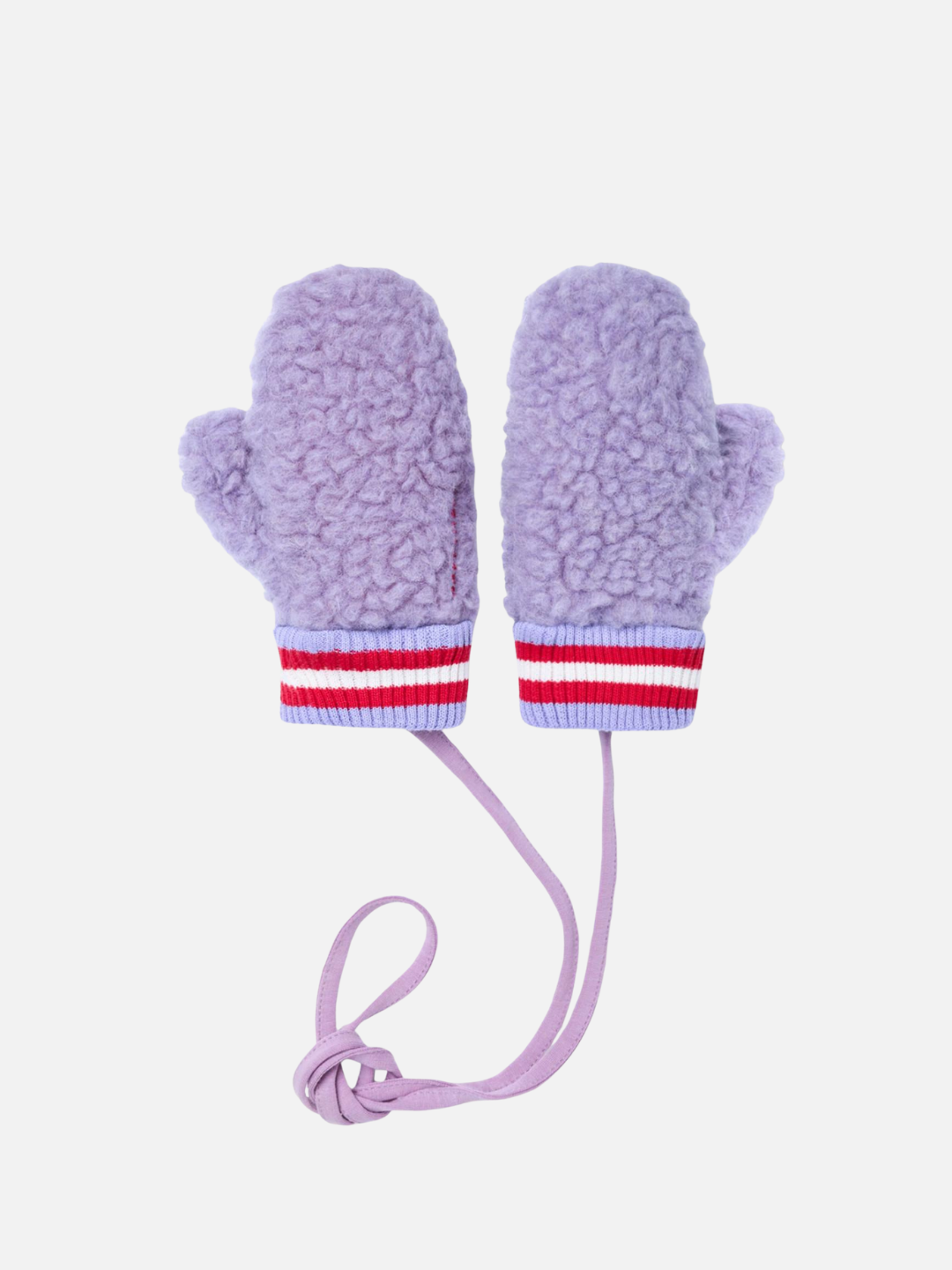A pair of MERINO FLEECE MITTEN in Lilac Cloud with red and white striped organic cotton cuffs, connected by a matching lilac string, shown on a white background for added thermal comfort.