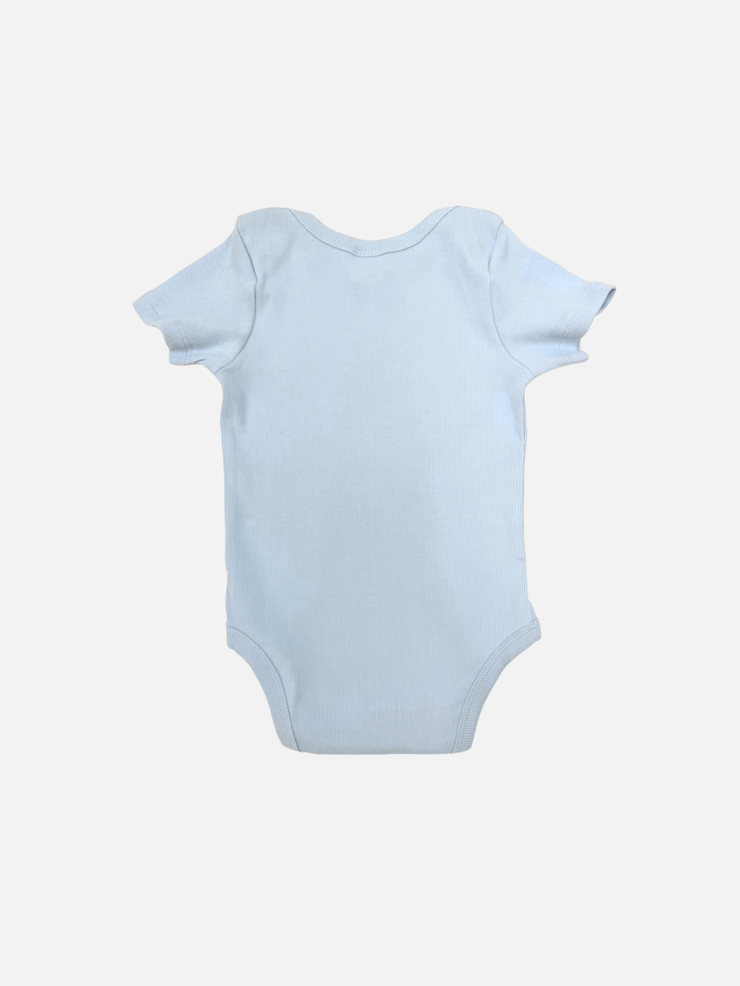 The FLOWER SHORT SLEEVE ONESIE is a light blue ribbed cotton baby bodysuit with short sleeves, shown flat from the back against a plain white background.