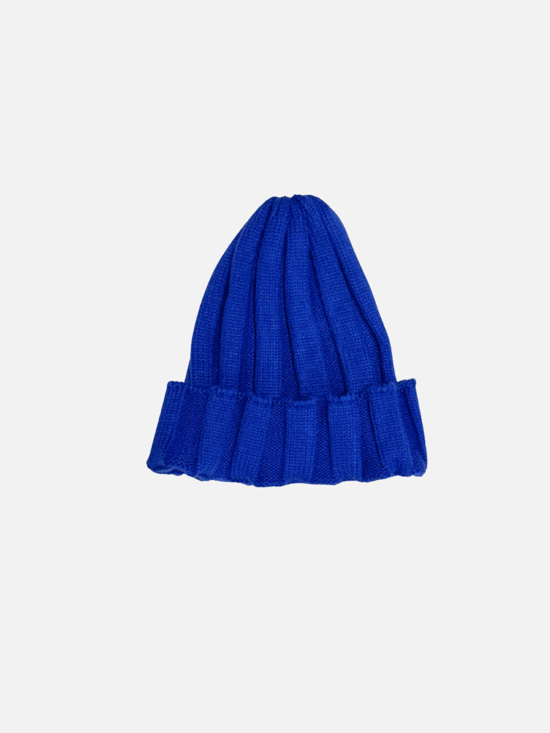 Blue knit beanie on a light gray background
