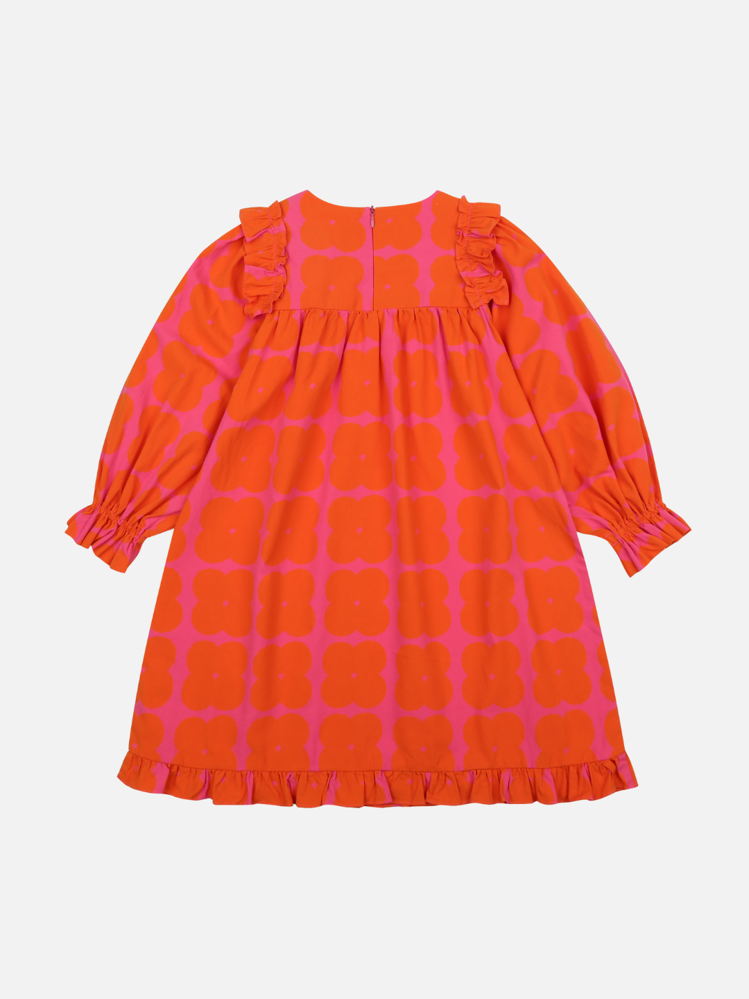 Back of Clover Dress. Bright red and pink dress with a ruffled hem, sleeves, and collar with a zipper in the back.