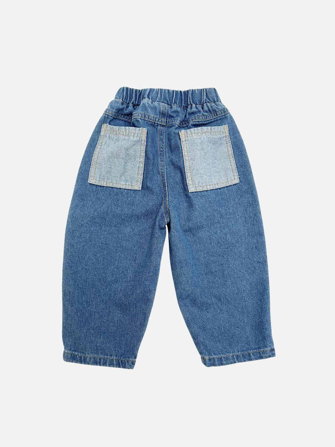 Dark Wash | Back view of the Double Trouble Jeans in Dark Wash, blue denim pants with contrast denim patch pockets, on a white background.