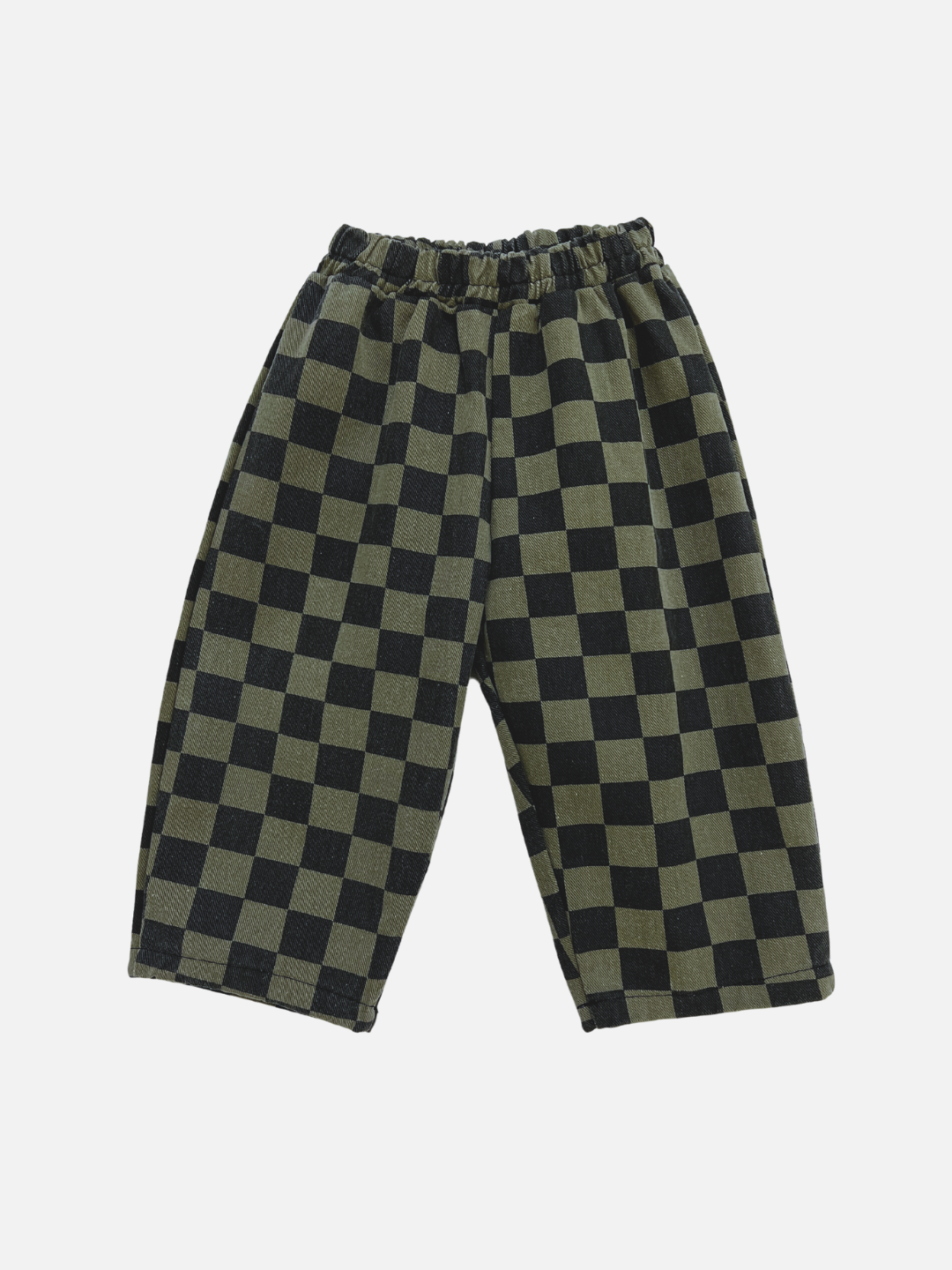 Charcoal | A pair of CASPER PANTS featuring a roomy, checkered design crafted from durable cotton twill, complete with an elastic waistband and a black and dark olive green color pattern.