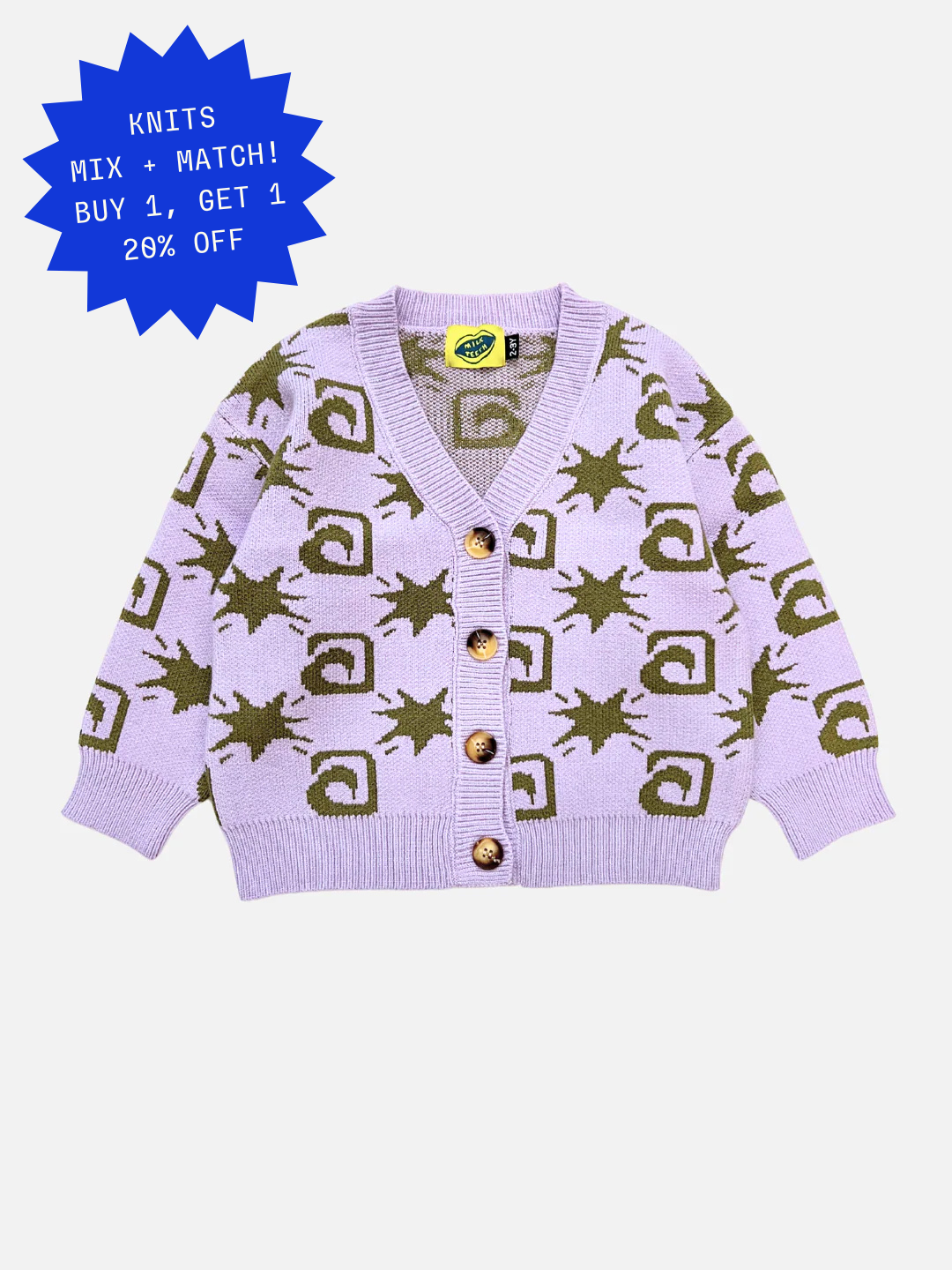 Purple cardigan with green pattern on a white background