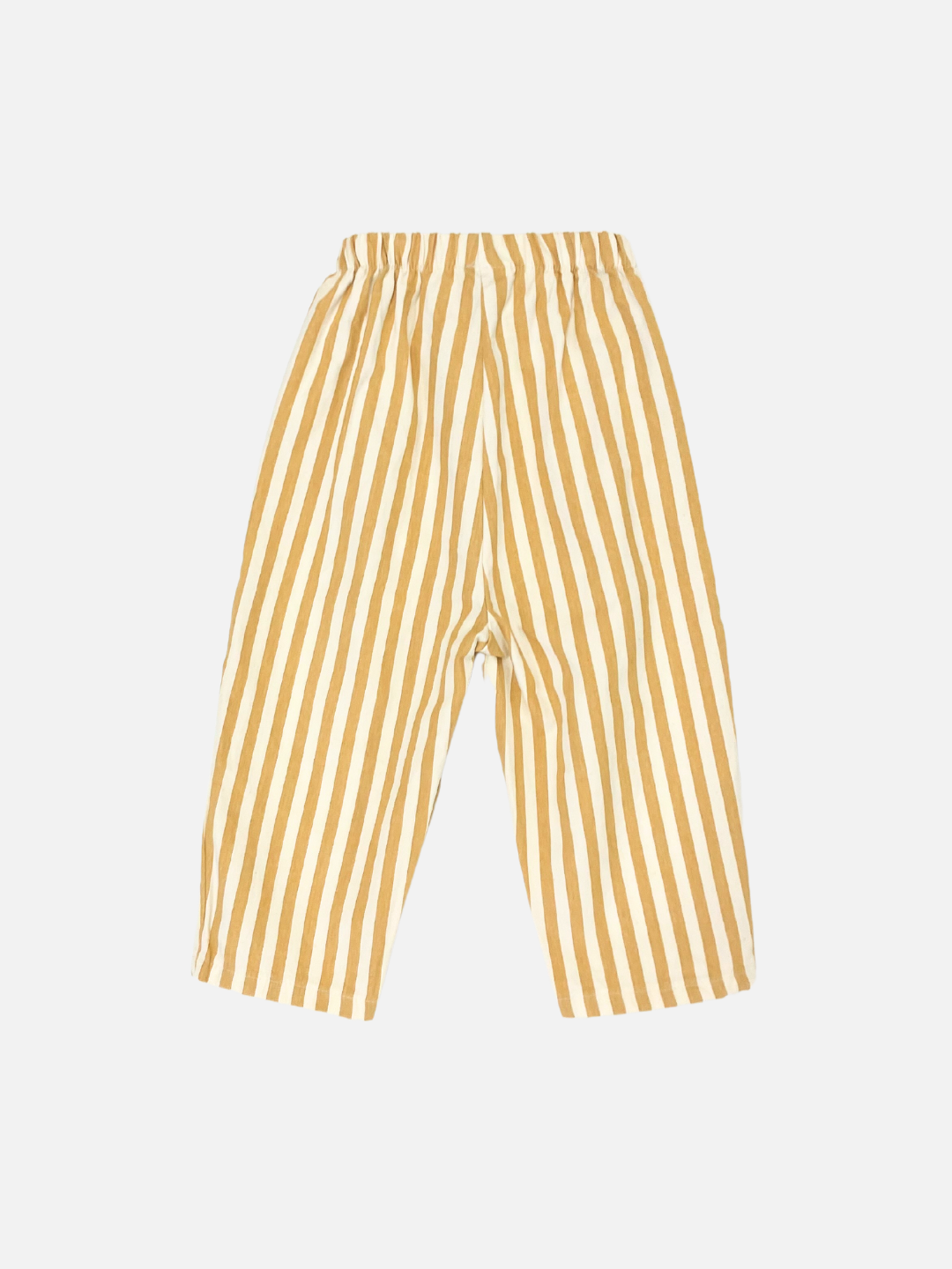 Mustard | The PONY STRIPE PANTS, featuring a relaxed fit and an elasticated waistband, are showcased against a plain white background. These pants have yellow and white vertical stripes and are made from cotton twill.