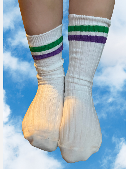 Second image of Three white ribbed kids socks with different color stripes at the top, lying in a angled row, overlapping.