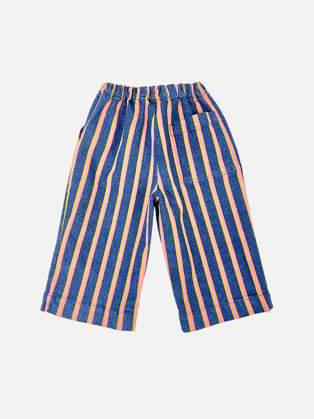 The EVER DENIM WIDE LEG STRIPED TROUSERS feature a minimalist design with colorful vertical blue, yellow, pink, and orange stripes on a white background. Unisex and perfect for casual outings, they come with an elastic waistband and one side pocket.