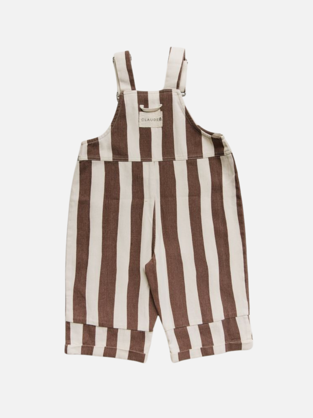 The BLYTHE CHOC STRIPE DUNGAREE features brown and white vertical stripes, shoulder straps, and a front pocket for kids. Displayed on a white background.