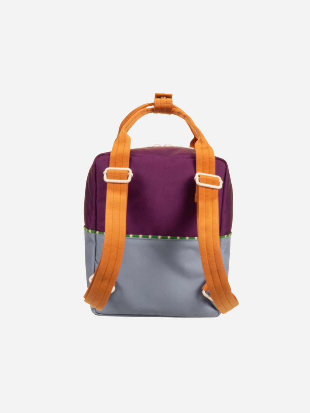 Purple Tights | Back view of the kids Small Better Together Colourblocking Backpack in Purple tights, featuring orange adjustable straps.