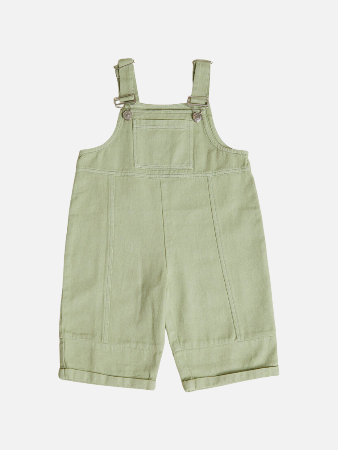 BLYTHE MINT DUNGAREE: Light green toddler overalls with adjustable shoulder straps, a front pocket, and rolled cuffs shown on a plain white background.